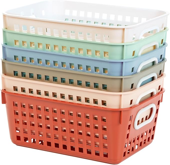 Really Good Stuff Medium Plastic Book Baskets, 11" by 7.5" by 4.5", 6 Pack, Boho Group Colors, Versatile Storage Solution for Classroom, Home, and Office