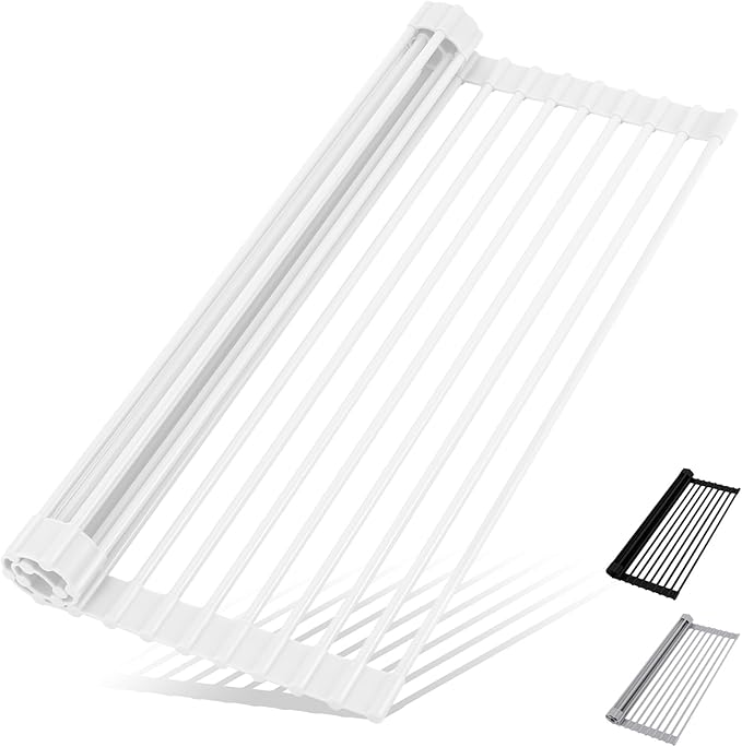 Roll Up Dish Drying Rack - Over The Sink, Multipurpose Foldable Sink Drying Mat, Heat-Resistant, Anti-Slip & Anti-Rust, 17" x 13", White