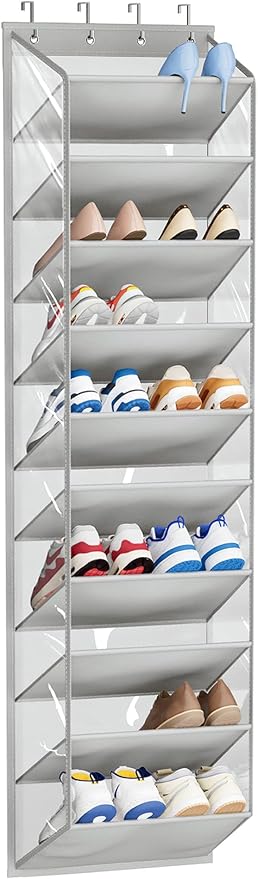 SLEEPING LAMB 10 Tiers Over The Door Shoe Organizer with Clear Deep Pockets, Hanging Shoe Rack for Door Storage 20 Pairs Sneakers Holder for Closet Hanger Boots, Grey
