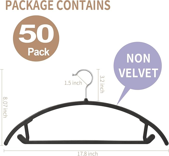 Ergonomic Curved Plastic Hangers 50pack - No Shoulder Bump Design, Non-Slip Grip for Delicate Fabrics, Heavy Duty Clothes Hangers, Holds Up to 11lbs - Ideal for Silk, Coats & Winter Wear(Black)