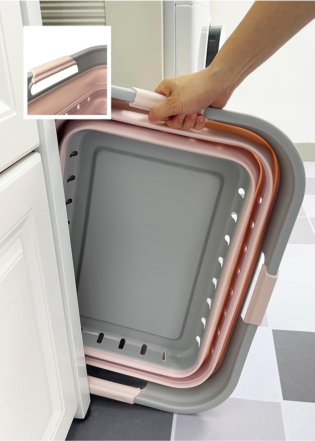 SAMMART 42 (11 Gallons) Collapsible Plastic Laundry Basket, Foldable Pop Up Storage Container/Organizer, Space Saving Hamper, Portable Bin for Dorm Room Bathroom (2, Grey/Pink)