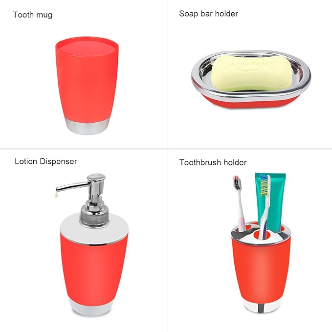 Bathroom Accessories Set, 6-Piece Plastic Gift Set, Toothbrush Holder, Toothbrush Cup, Soap Dispenser, Soap Dish, Toilet Brush Holder, Trash Can (RED)