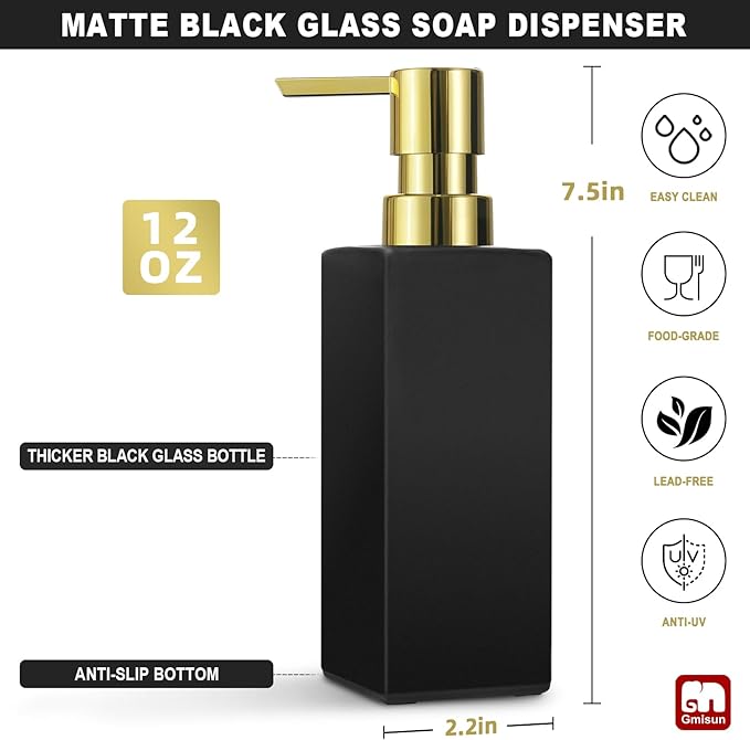 GMISUN Gold Hand Soap Dispenser, Black Glass Soap Dispenser with Gold Pump for Bathroom, 12 fl oz/350ml Refillable Dish Dispensers for Kitchen, Modern Liquid Lotion Bottles for Countertop