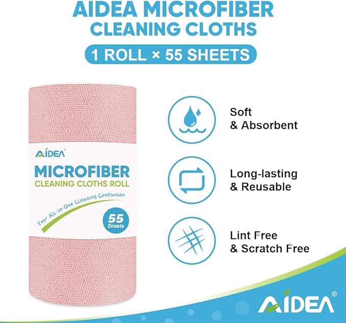 AIDEA Microfiber Cleaning Cloth Roll 165 Sheets(3 Roll), Tear Away Microfiber Towels, Reusable Paper Towels, Washable Shop Rags, Scratch Free, Absorbent Dish Rags for Car, Home, Shop, 11" x 9"