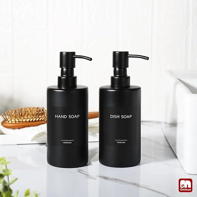 GMISUN Black Soap Dispenser, Hand Soap Dispenser Bathroom, Hand and Dish Dispenser Set for Kitchen, 12 fl oz/350ml Glass Liquid Soap and Lotion Dispensers with Stainless Steel Pump, 2 Pack Refillable