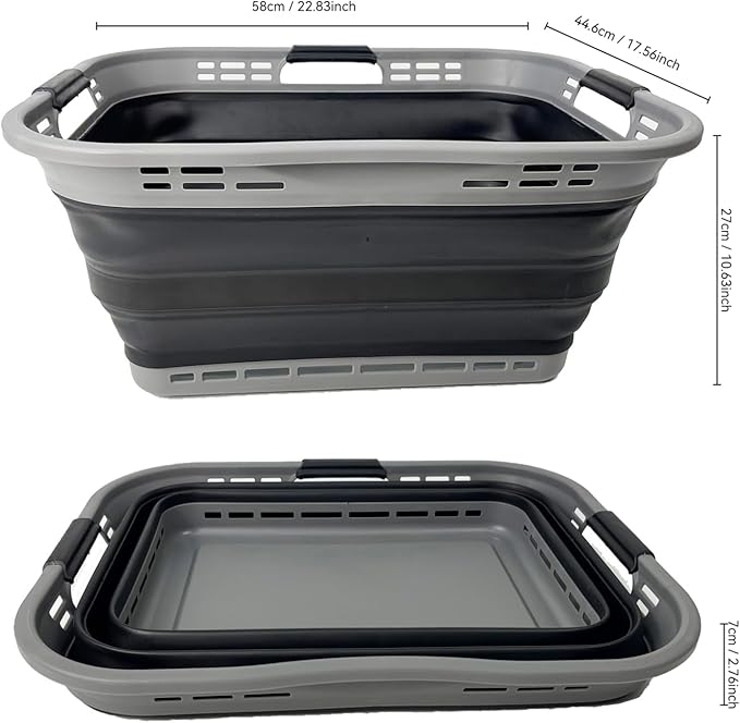 SAMMART Set of 2 Collapsible Plastic Storage Basket - Foldable Pop Up Storage Container - Portable Laundry Organizer - Space Saving Hamper (Grey/Black, 42L (Style A))