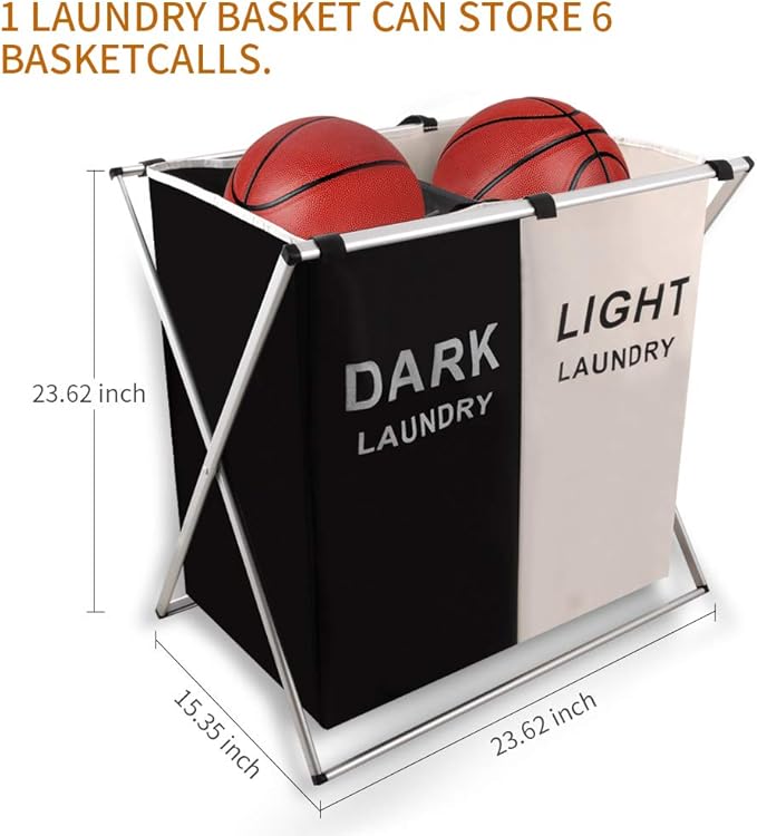 Nicesail Laundry Basket 2 Section Hamper Washing Storage Basket Bag, Folding Hamper Waterproof & Aluminum X-Frame, Cloth Organizer Durable Laundry Basket for Bathroom Home with Carrying Handle