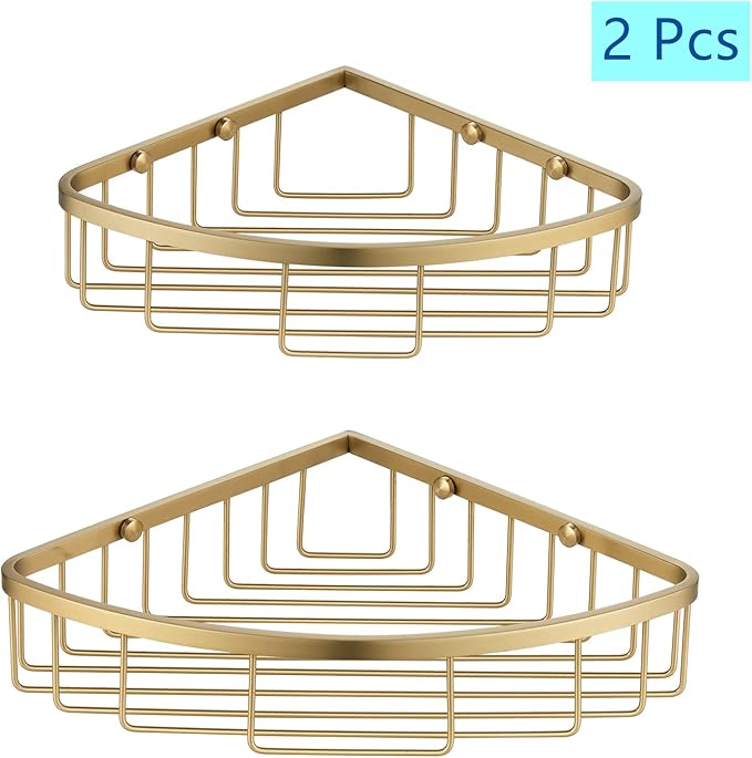 GORDEE [2 Pack Bathroom Corner Shower Caddy Shelf Organizer, SUS304 Stainless Steel Heavy Duty Rust-Proof Shelf Holder, Wall Mounted Storage Rack for Bathroom Kitchen, Brushed Gold