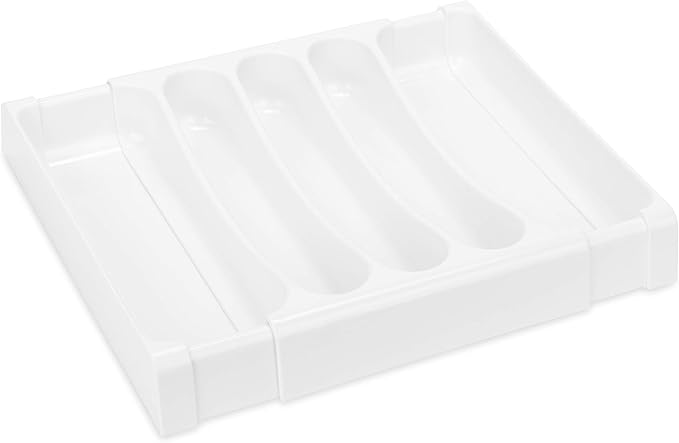 Camco Adjustable Cutlery Tray - Designed for RV and Compact Kitchen Drawers, Adjusts Between 9" and 13" for an Easy Custom Fit -White (43503)