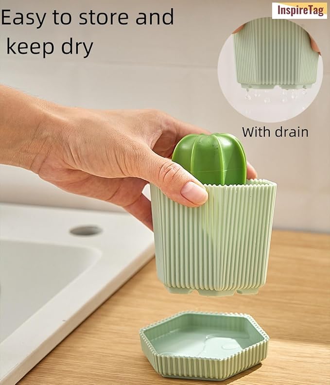 Kitchen Cleaning Brush Set with Holder & Drip Tray – 3 Head Cactus Scrub Brush, Row Brush, Mini Dish & Pot Brushes – Durable Multi-Purpose Scrubbers for Sink, Pans, Plates, Cups (Green)