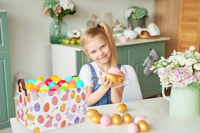 Rectangular Easter Baskets, Kids Easter Basket Organizer.Cute Storage Basket with Handles.Boys and Girls,Easter Bunny Eggs Decor,Toys,Books,Easter Gifts (Rabbit Easter Eggs ) …