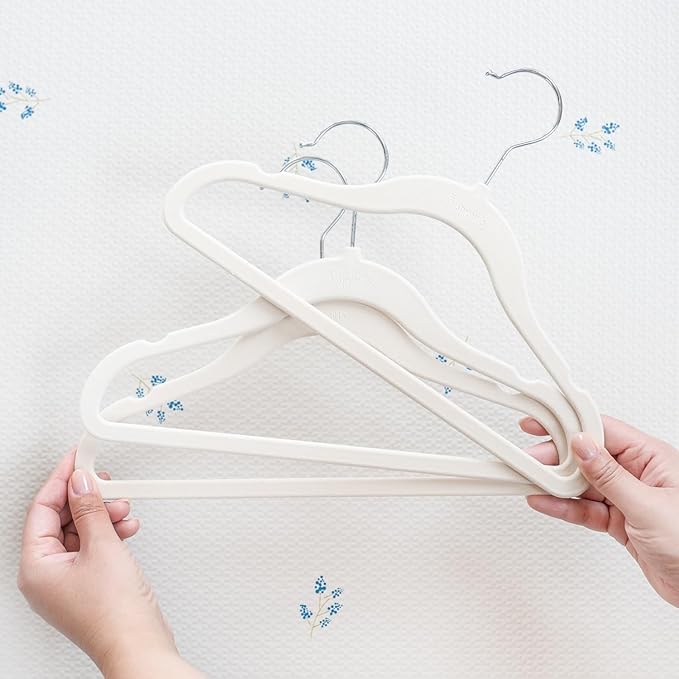 3 Sprouts Velvet Baby Hangers - Non-Slip Hanger for Infant, Toddler, Baby Clothes - Closet Kids Hangers with Slim Design, Nordic Colors, Pack of 30 - Beige