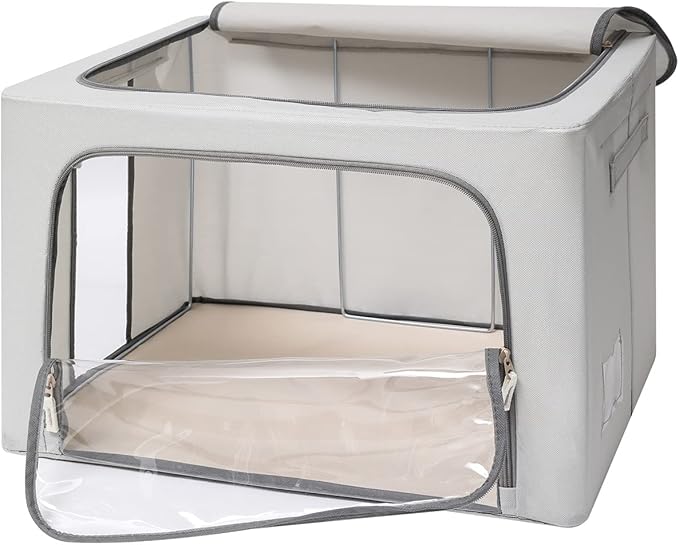 CYhom 3Pack Frame Storage Box - Clothes Storage Bin Bags Oxford Fabric Foldable Stackable Container Organizer Set with Clear Window & Carry Handles (Grey, Extra Large-100L)