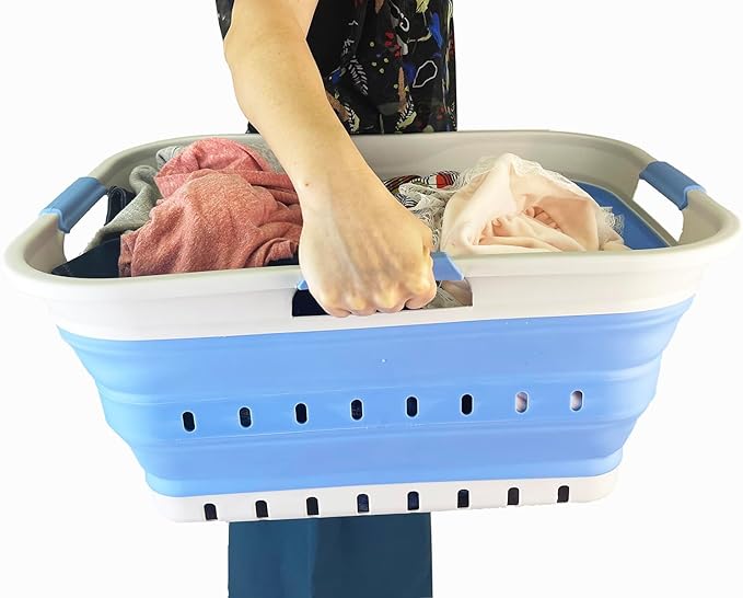 SAMMART 42L (11 gallon) Collapsible Plastic Laundry Basket - Foldable Pop Up Storage Container/Organizer - Portable Basket - Space Saving Hamper/Basket (2, Little Boy Blue+Quartz Pink)