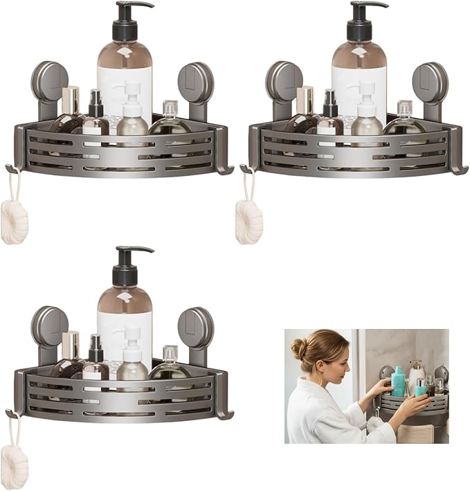 Triangle Suction Cup Shower Caddy, Corner Shower Caddy Suction Cup, 2-Tier Bathroom Organizer with Hooks & Towel Bar, Rust-Resistant, Heavy Duty Shower Corner Rack for Smooth Surfaces (Normal*3)