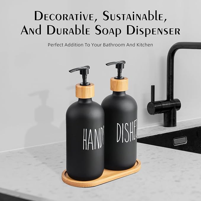 Arktek Glass Soap Dispenser Set with Tray, 2 Pack Hand and Dish Soap Dispenser Set for Bathroom and Kitchen Bottle Dispenser with Dish Soap, Hand Soap, Lotion 17 Oz (2 Black)