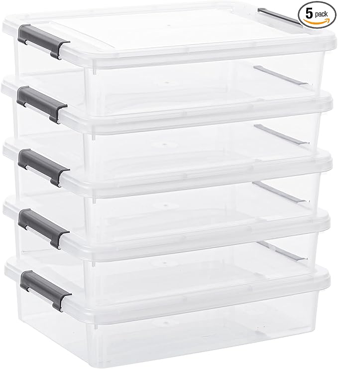 Citylife 5 Packs Clear Storage Bins with Lids,6 Quart Plastic Container Bins for Organizing,Clear File Box Stackable Storage Containers for Home, Office, School, and Scrapbook Clear White
