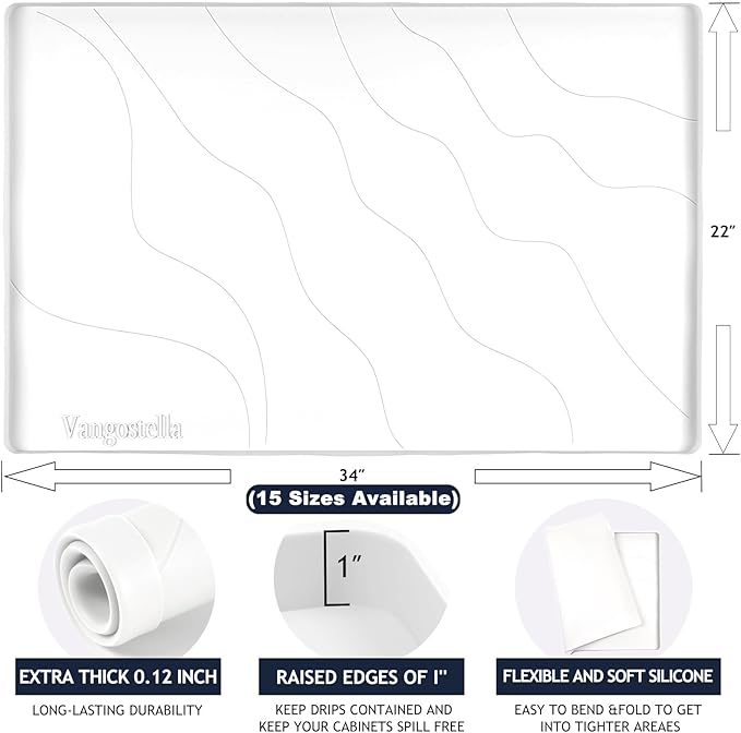 Premium Under Sink Mats for Kitchen Waterproof 34" x 22", Extra Thick Non-Slip Silicone Under Sink Liner Drip Tray, Raised Edge Under Sink Cabinet Mat,Prevent Drips, Leaks, Spills,White