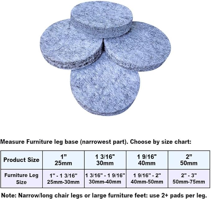 No Lost Pads! Felt Chair Leg Glides for Hard Floors – Easy Glide, Scratch Protection, Chair Feet, Not Adhesive Backing | 50mm (2") Round, 40 Pcs