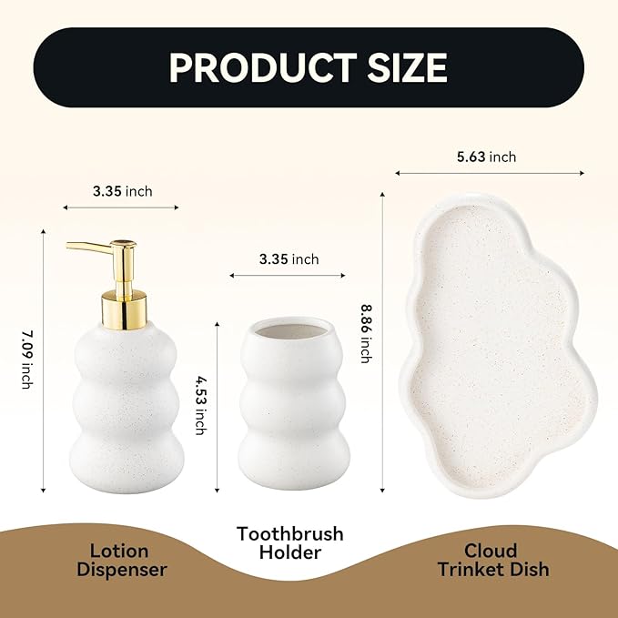 3-Piece Ceramic Bathroom Accessories Set with Sand Point Glaze Design - Tray, Lotion Dispenser, and Tumbler - Bring Nature to Your Bath