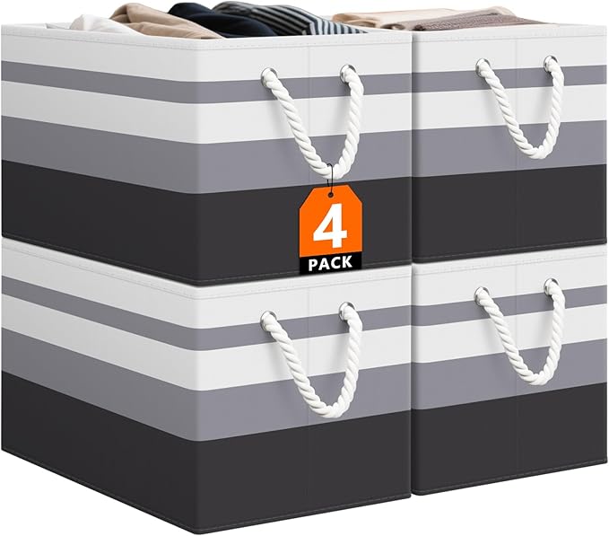 Storage Bin,Collapsible Storage Basket For Organizing,Large Storage Boxes With Rope Handles,Storage Containers,Gradient Grey,4 Pack