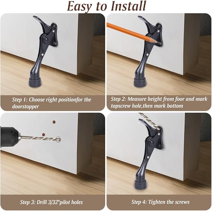 Kickdown Door Stopper 4 Inches - 2 Packs One Touch Adjustable Height Door Stop for The Bottom of Door The Bottom of Door Aluminum Alloy Metal Door Stopper with Rubber Tip Black