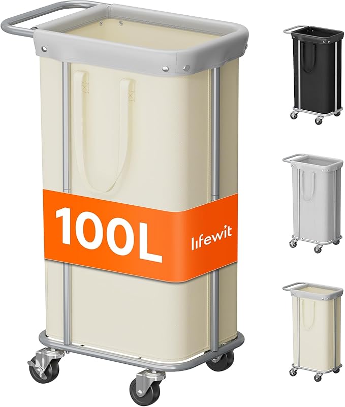 Lifewit 100L Large Laundry Basket with Wheels, Tall 1 Section Laundry Hamper Organizer, Rolling Laundry Cart with Steel Frame & Removable Bag for Luandry Room Bathroom Bedroom, White