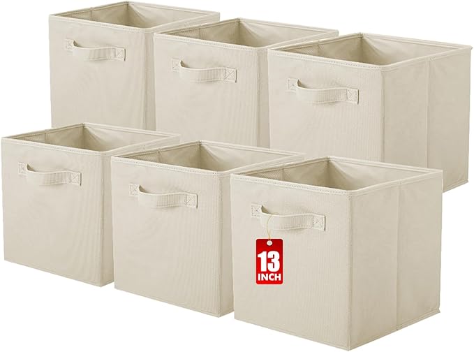 ShellKingdom Storage Bins, Foldable Fabric Storage Cubes And Cloth Storage Organizer Drawer For Closet And Toys Storage, 13 X 13 X 13 INCH, 6 Pack (Beige)