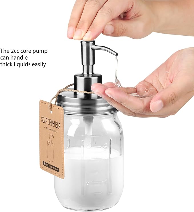 SheeChung 16 Oz Mason Jar Liquid Soap Dispenser, Glass Hand Soap Dispenser, Stainless Steel Pump Lid, Refillable Lotion Dispensers for Bathroom Countertop Kitchen (2, Brushed Nickel)