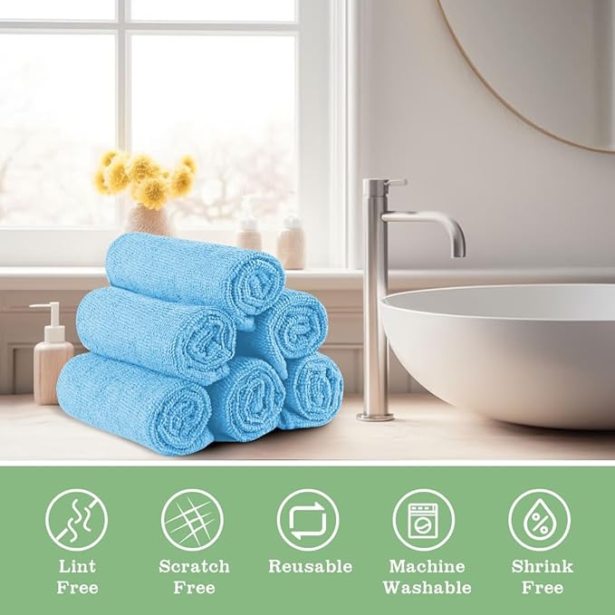 Washcloths Bulk - 100 Pack - Face Towels (12" x 12"), Highly Soft Wash Cloths and Hand Towels, Fast Drying Multi-Purpose Microfiber Cleansing Cloths for Bathroom, Hotel, Spa, and Salon - Blue