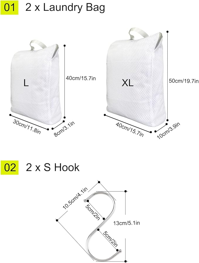 2-Pack Hanging Laundry Bag for Washing Machine, Large & XL Mesh Laundry Bags for Delicates with S Hooks, Durable Zippered Wash Bags for Clothes, Socks, Lingerie