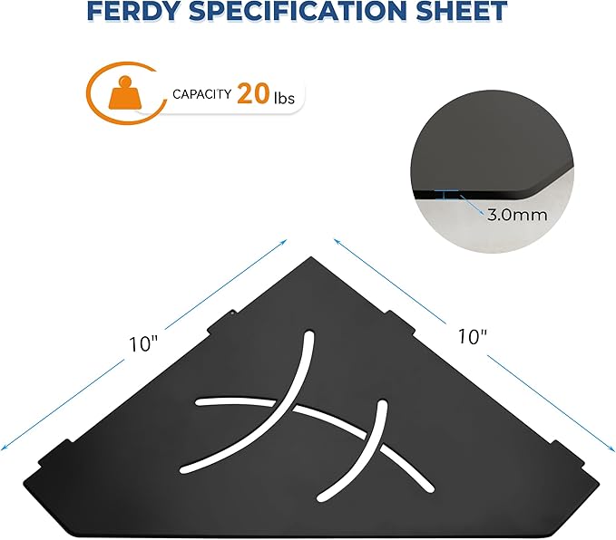 FerdY 2-Pack 10" Matte Black Recessed Corner Shower Shelf, for Tiled Bathroom Walls, Floating Shower Shelf, 304 Stainless Steel Shower Caddy Storage Shelves, No Drilling Required, Irregular Diamond