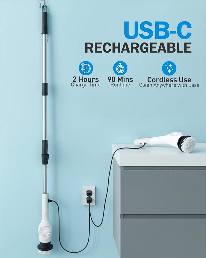 Electric Spin Scrubber, 3-Speed Cordless Shower Scrubber with Long Handle & 10 Replaceable Brush Heads, 90 Mins Runtime & Full-Body IPX7 Waterproof Shower Cleaner Brush for Bathroom Kithchen