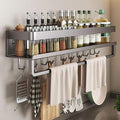 Wall mount Carbon steel Kitchen utensils seasoning spice storage rack, oil salt, sauce vinegar condiment storage rack, Bathroom toiletries organizer with mobile hooks (1 Pack (with bar and hooks))