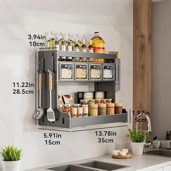 Kitchen Seasoning Shelf Spice Rack Wall Mount with Hooks and Utensil Holder Hanging Seasoning Box Shelf Seasoning Jar Organizer for Sugar Salt Pepper Oil Bottle (4 Boxes)