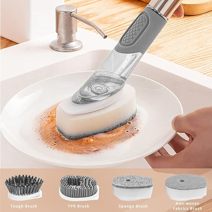 4-in-1 Dish Cleaning Brush Soap Dispensing Dish Brush Set with 4 Replacement Heads and Storage Holder, Kitchen Scrub Brush for Dish Pot Pan Sink Cleaning (Grey)