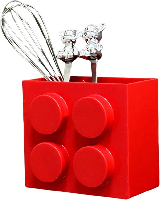 Magnetic Basket Organizer for Fridge - Lego-Style ABS Plastic Storage Box, No Drill Design for Kitchen Counter, Microwave & Whiteboard, Holds Up to 3.5 lbs (Red)