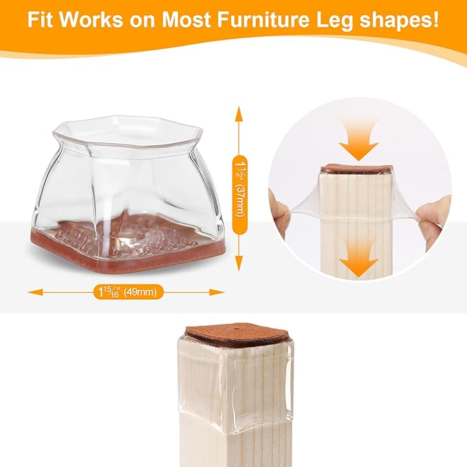 CHUNZEXI 24 Pack Square Chair Leg Floor Protectors for Hardwood Floors, Silicone Felt Covers Pads Caps, Protect Wood Furniture Feet Floors Noise Reduce and Scratch (Square X-Lager & Clear)