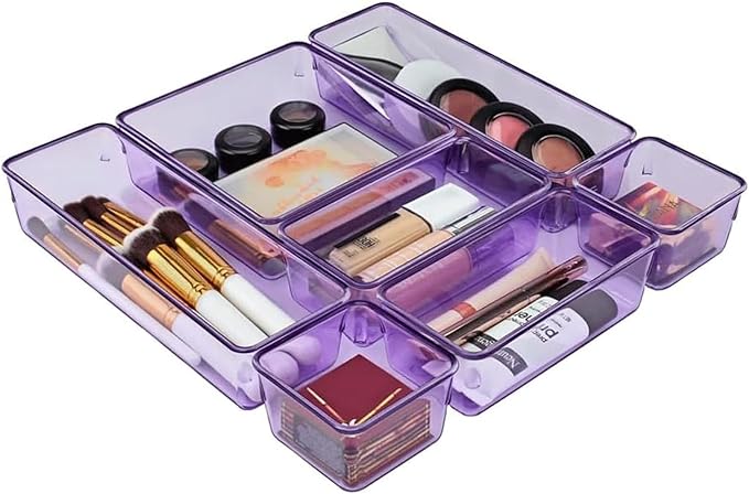 Acrimet Drawer Organizer Modular, Box Tray Storage Bins for Office, Home, Makeup, Kitchen, Junk Drawer (7 Units - 4 Sizes) (Clear Purple Plastic)