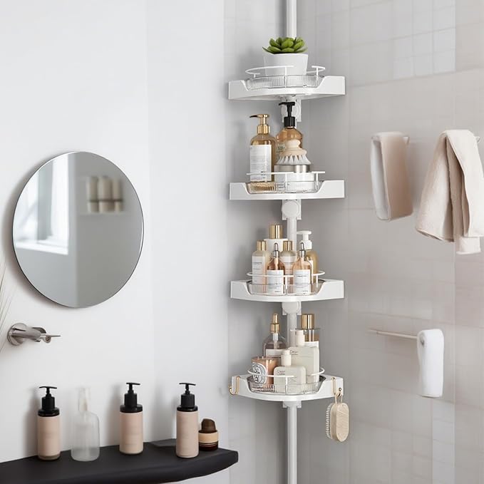 360° Rotating Corner Shower Caddy Tension Pole Organizer - 4-Tier Adjustable Rustproof Metal Pole, Plastic Shelves with Safety Guardrail, Bathroom Storage for Shower & Bathtub(White)