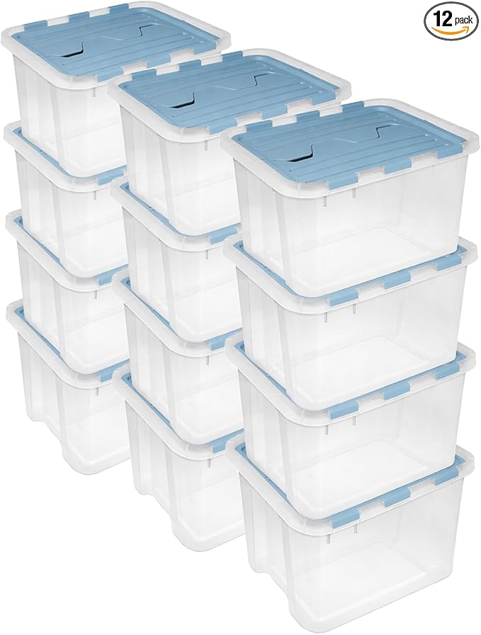 Sterilite 12 Pack Hinged Lid Storage Box, 60 Qt Plastic Container, Washed Blue - Home Organizer Tote for Storing Shoes, Crafts, Clothing, or Decor