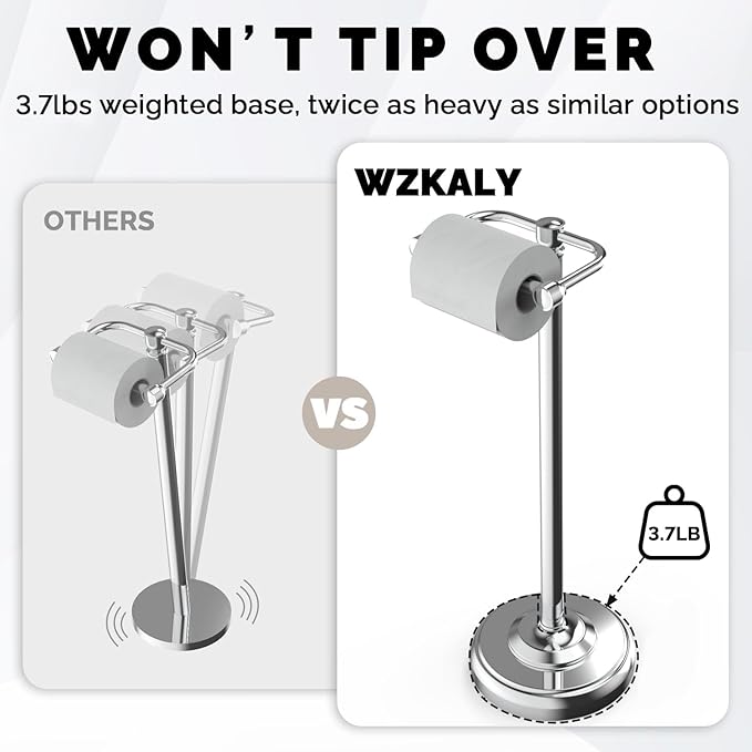 WZKALY Toilet Paper Holder Stand, Polished Chrome Toilet Paper Holder Free Standing, Post Pivoting Design & Stable Weighted Base SUS304 Stainless Steel for Bathroom(Mega Roll)