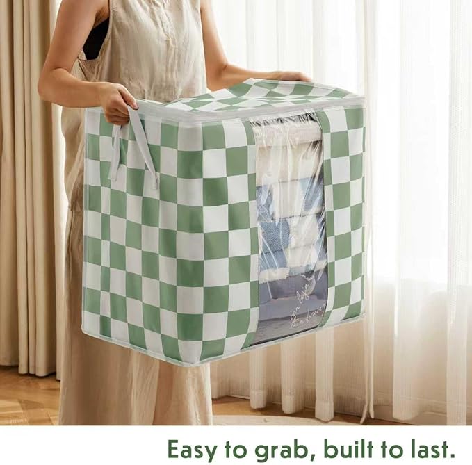 Green Checkered Clothes Storage Bins, 100L Large Blanket Storage Bags 3 Pack, Closet Organizers and Storage Containers for Comforters, Bedding, Foldable Organizer with Handle