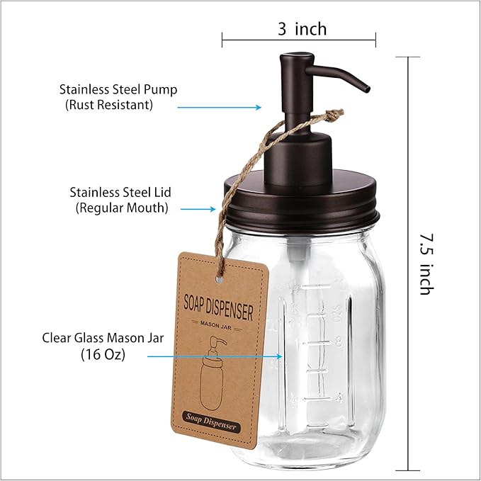 SheeChung 16 Oz Mason Jar Liquid Soap Dispenser, Glass Hand Soap Dispenser, Stainless Steel Pump Lid, Refillable Lotion Dispensers for Bathroom Countertop Kitchen (1, Bronze)