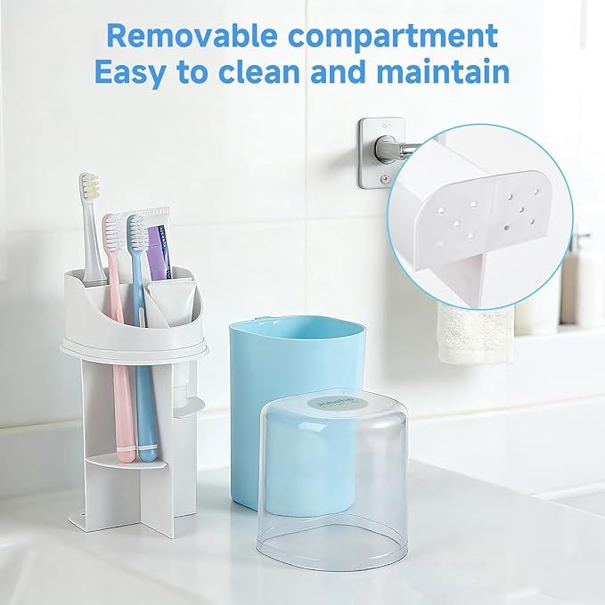 Johehe Toothbrush Organizer with Cover,4 Slots for Bathroom Toothbrush Holders,Dustproof Design,with Wall Mounted,Electric Toothbrush Holder and Toothpaste Holder,Bathroom Countertop Storage