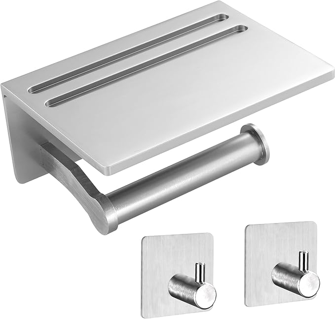 Toilet Paper Holder with Shelf and 2 Towel Hooks - Self Adhesive Toilet Paper Storage - Tissue Roll Holder with Phone Shelf - Wall Mount Toilet Roll Bathroom Organizer - Brushed Nickel