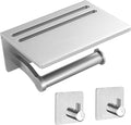 Toilet Paper Holder with Shelf and 2 Towel Hooks - Self Adhesive Toilet Paper Storage - Tissue Roll Holder with Phone Shelf - Wall Mount Toilet Roll Bathroom Organizer - Brushed Nickel