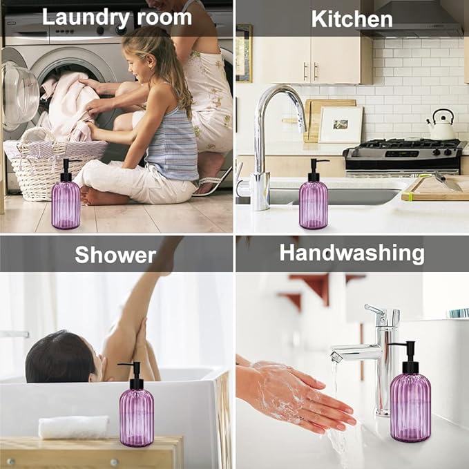 Pack of 2 Glass Soap Dispenser with Black Pump, 400 ml Refillable Pump Dispenser for Kitchen, Bathroom, Laundry Room, Liquid Glass Bottle for Washing Up Liquid, Shampoo, Conditioner (Purple)
