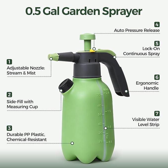 T4U Pump Sprayer 1/2 Gallon, PP Hand Pump Pressure Sprayer for Home Garden Plant Care and Household Cleaning, with Built-in Measuring Cup & Adjustable Nozzle, Suitable for Fertilizers & Common Garden