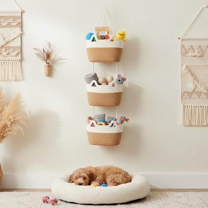 Britwicfr Wall Hanging Baskets, 3-Tier Cotton Over Door Organizer, Decorative Hanging Wall Basket for Wall, Door, Nursery, Living Room, Bathroom, Cat-Like Design Boho Decor, White & Jute